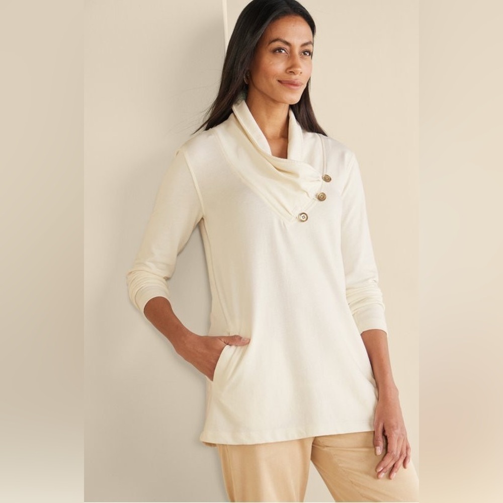 Soft Surroundings Westminster Tunic Sweatshirt Ivory Cream Cowl Neck Women’s S